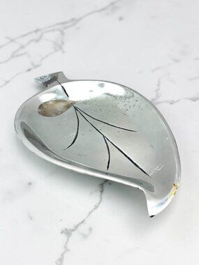 Vintage India Silver Tone Leaf Serving Tray Dish Mid Century 14" Decorative